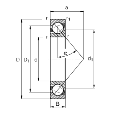 角接觸球軸承 7213-B-TVP, 根據 DIN 628-1 標準的主要尺寸，接觸角 α = 40°